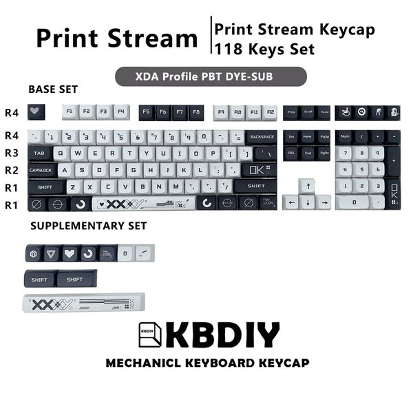 Print Stream Keycap XDA Profile PBT CS GO Keycaps Black White 118 Key Cap Set for Mechanical Gaming Keyboard MX Custom DIY