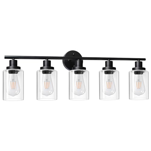 Unicozin Modern Bathroom Light Fixtures, 5 Light Vanity Lights, Black Wall Lamp with Clear Glass for Bathroom, Mirror, Living Room, Bedroom, Hallway,