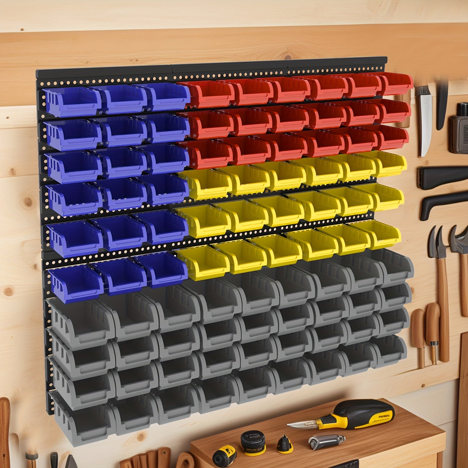 TEMU Wall-mounted Tool Organizer System With Storage Bins & Holders - Durable Diy Garage & Workshop Rack For Screws, Nuts, Bolts, Nails, And Small
