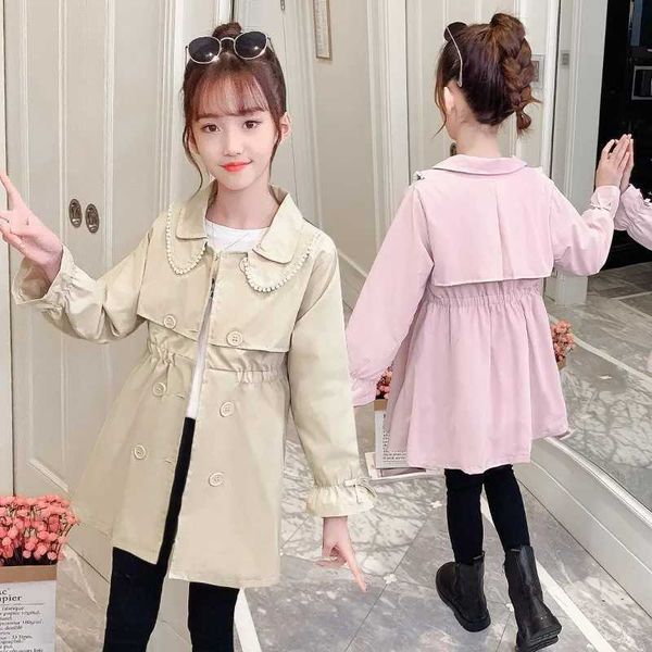 Beaded Lapel Girls Trench Coat Spring Autumn Korean Kids Jacket New Fashion Windbreak Outerwear Children New Clothing 4-14 YearsXJ240903