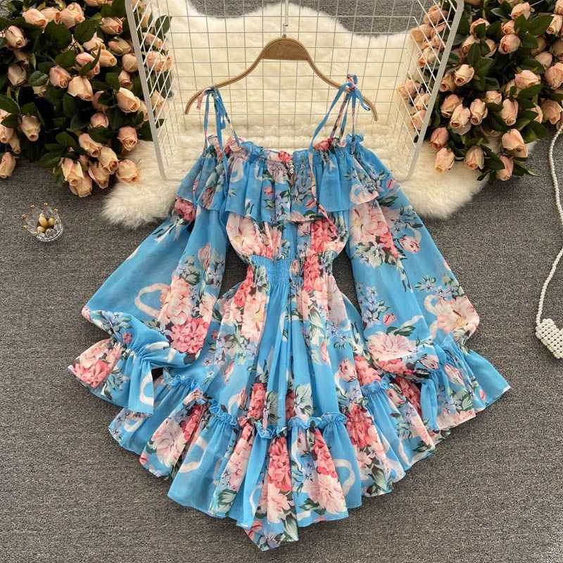 Holiday Style Jumpsuit Women&#039;s Summer One-line Collar Off Shoulder Bubble Sleeve Slim Fit Short Chiffon Print Dress Pants Fashion