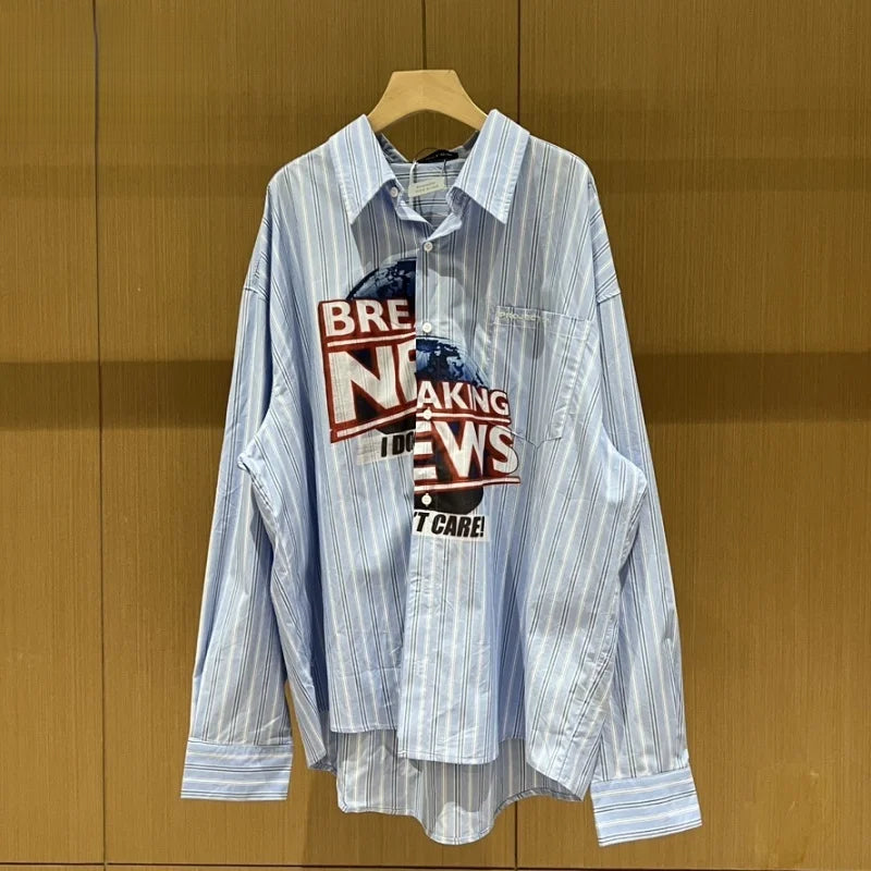 New Best Quality Mens Womens Irregular Stripe Embroidery Print Flip Collar Silhouette Long Sleeve Shirt