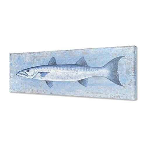 Yihui Arts Blue and White Fish Canvas Wall Art – Coastal Paintings with Textured for Living Room Bedroom Bathroom Decor 48"L x 16"W Blue Fish