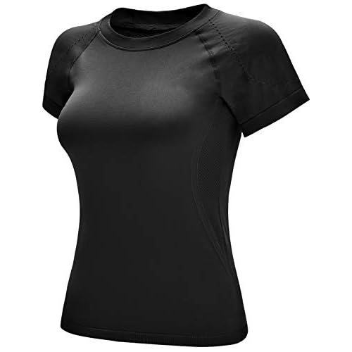RUNNING GIRL Seamless Workout Shirts for Women，Short Sleeve T-Shirt Stretch Tees Quick Dry Gym Athletic Tops X-Large Black
