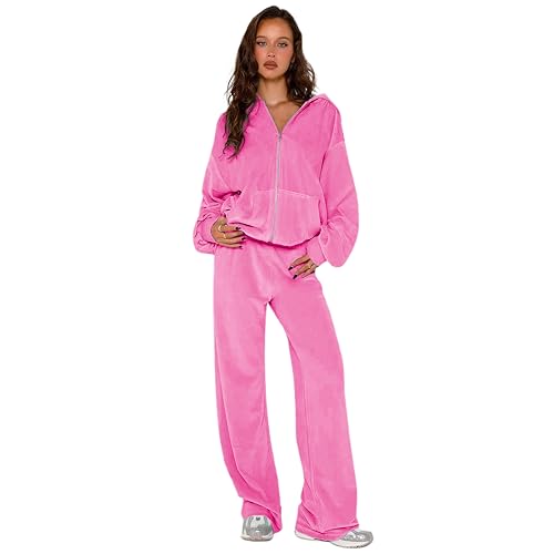 yidengymx Womens 2 Piece Velour Tracksuit Two Piece Soft Velvet Hooded Sweatsuits for Women Lounge with Pockets Small Hoodie-Straight Pants-pink