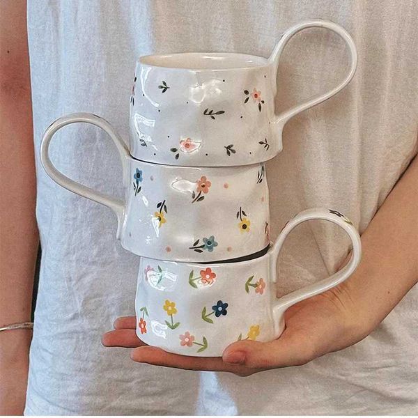 Cups Saucers Korean Hand-painted Floral Ceramic Cups Plates Underglaze Colored Coffee Cups Exquisite Large Capacity Premium Cups CL250211