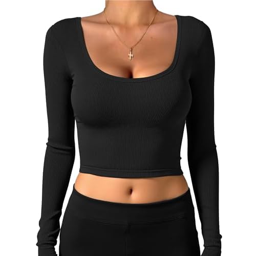 iGENJUN Long Sleeve Shirts for Women Ribbed Knit Tops Casual Basic Fitted Slim Cute Crop Tops Fall Outfits 2025 Small Black