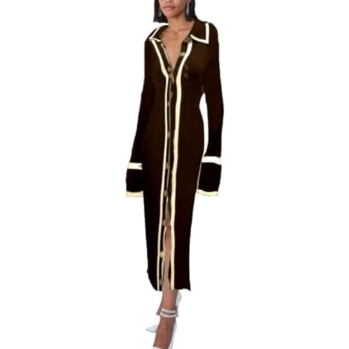 RanRui Women Long Sleeve Knit Dress Stripe Botton Down Knitted Dress Cardigan Sweater Dresses Ribbed Knit Bodycon Maxi Dress Large C-coffee
