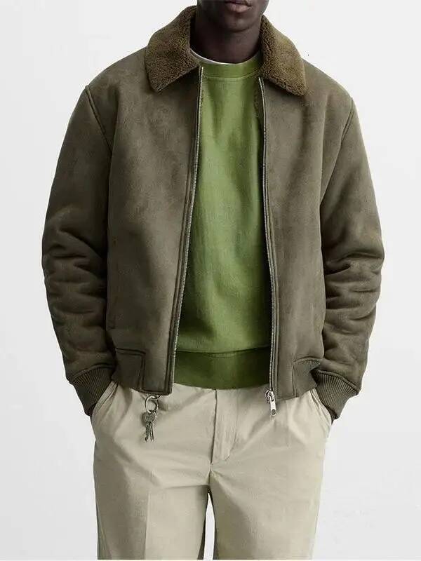 Autumn Winter Men&#039;s Casual Thiened Fce Zipper Collar Cardigan Jaet Leather Fur Inteated Outerwear Stand Fit Youth...