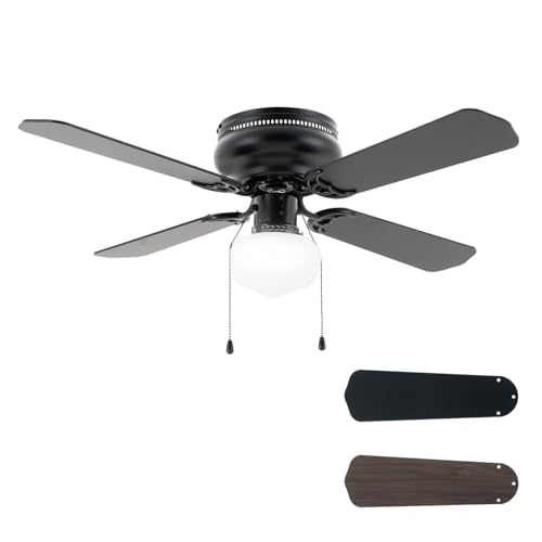 42 Inch Ceiling Fan Traditional: Flush Mount with LED Light - Pull Chain Control- Dual Finish Blades - Reversible for Bedroom, Office, Living Room（M