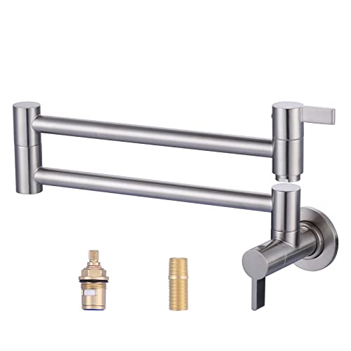 ARCORA Modern Pot Filler Wall Mount Faucet - Brushed Nickel, 2 Handle With Double Joint Swing Arms, Folding Brass Stove Faucet