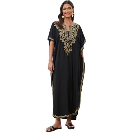 Women's Embroidery Swimsuit Cover Ups Beach Cover Up Caftan Plus Size Vneck Rainbow Ethnic Print Kaftan Batwing X-Large B0 Black