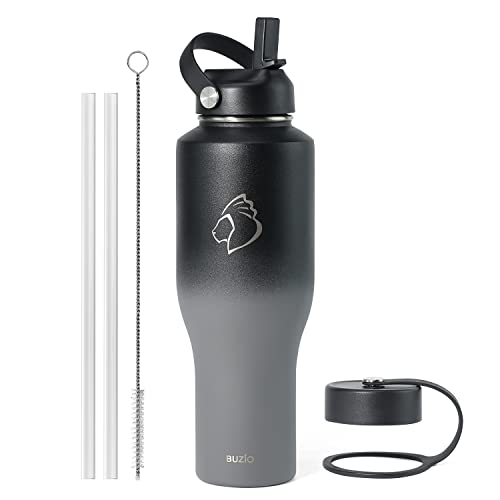 BUZIO 40 oz Insulated Water Bottle Tumbler with Straw and Lids (2 Lids), 40oz Stainless Steel Water Bottles Fits in Any Car Cup Holders, Large Capacit