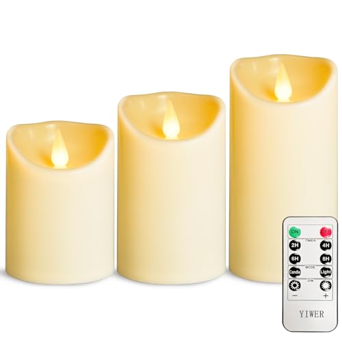 YIWER Plastic Flameless Battery Candles,Battery Powered LED Candle with Remote Control and Timer Electric Fake Flickering Light Pack of 3 D3 H4 5“6�