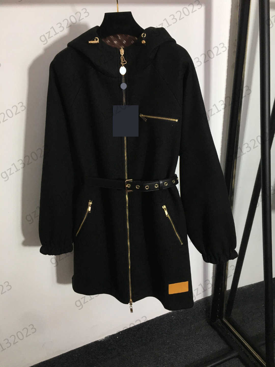 Womens Wool Blends Coat Lined Presbyopia Logo Print Custom Zipper Opening Hooded Wool Coats Belt Slim Reversible Warm Outerwear Autumn Winter Women