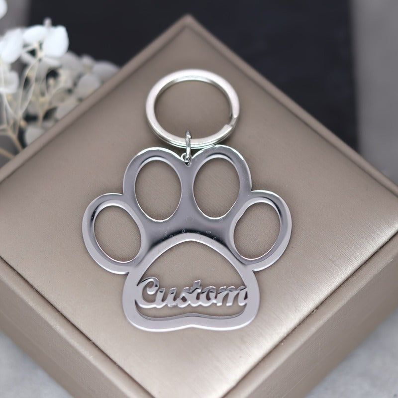 TEMU Personalized Engraved Stainless Paw Print Keychain - Custom Name Design, Durable Gift, Metallic Gloss, Circular Ring Clasp, Valentine’s Day Gift