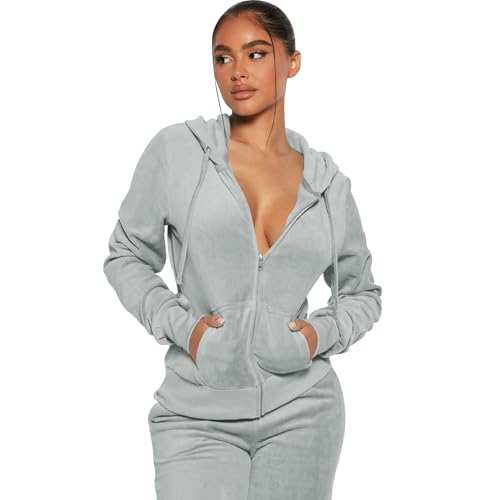 yidengymx Womens 2 Piece Velour Tracksuit Two Piece Soft Velvet Hooded Outfits for Women X-Small Hoodie-Jogger Pants-grey