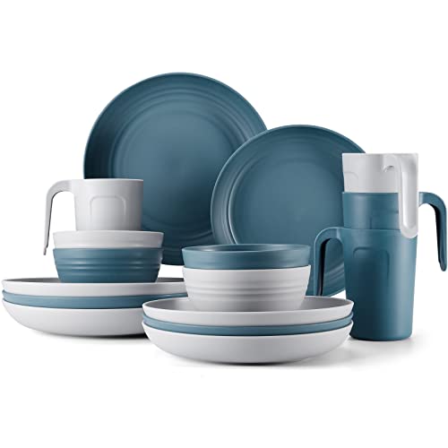 Odoland Lightweight Unbreakable Cutlery Sets for 4 People, Microwave and Dishwasher Safe Plates Bowls Mug Kit, Reusable Dinnerware with Cutlery, for C