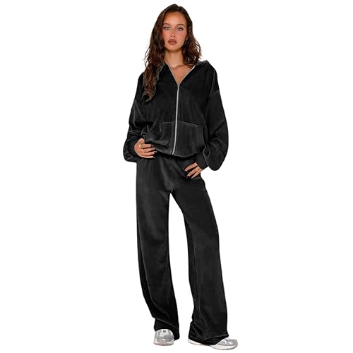 yidengymx Womens 2 Piece Velour Tracksuit Two Piece Soft Velvet Hooded Sweatsuits for Women Lounge with Pockets Large Hoodie-Straight Pants-black