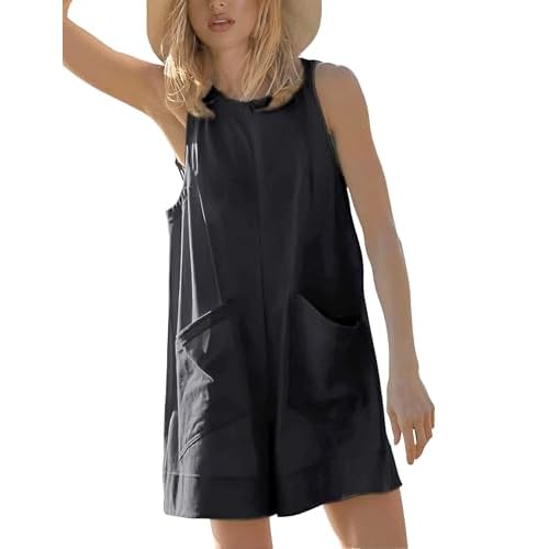 Women's Stretchy Sleeveless Romper Summer Backless Crew Neck Casual Loose Fit Shorts Jumpsuit with Pockets Black X-Large