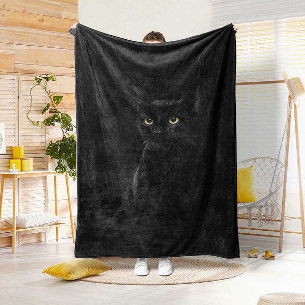 1PC black cat pattern printed blanket suitable for sofas beds offices travel camping chairs warm plush blanket Y240730