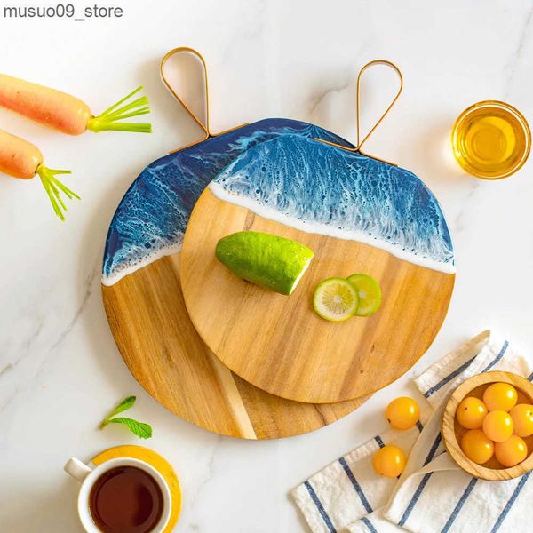 Decorative Plates Wood and Resin Cutting Board Blue Ocean Wave Charcuterie Boards for Meat round Epoxy Resin Wood Chopping Board Bread chees