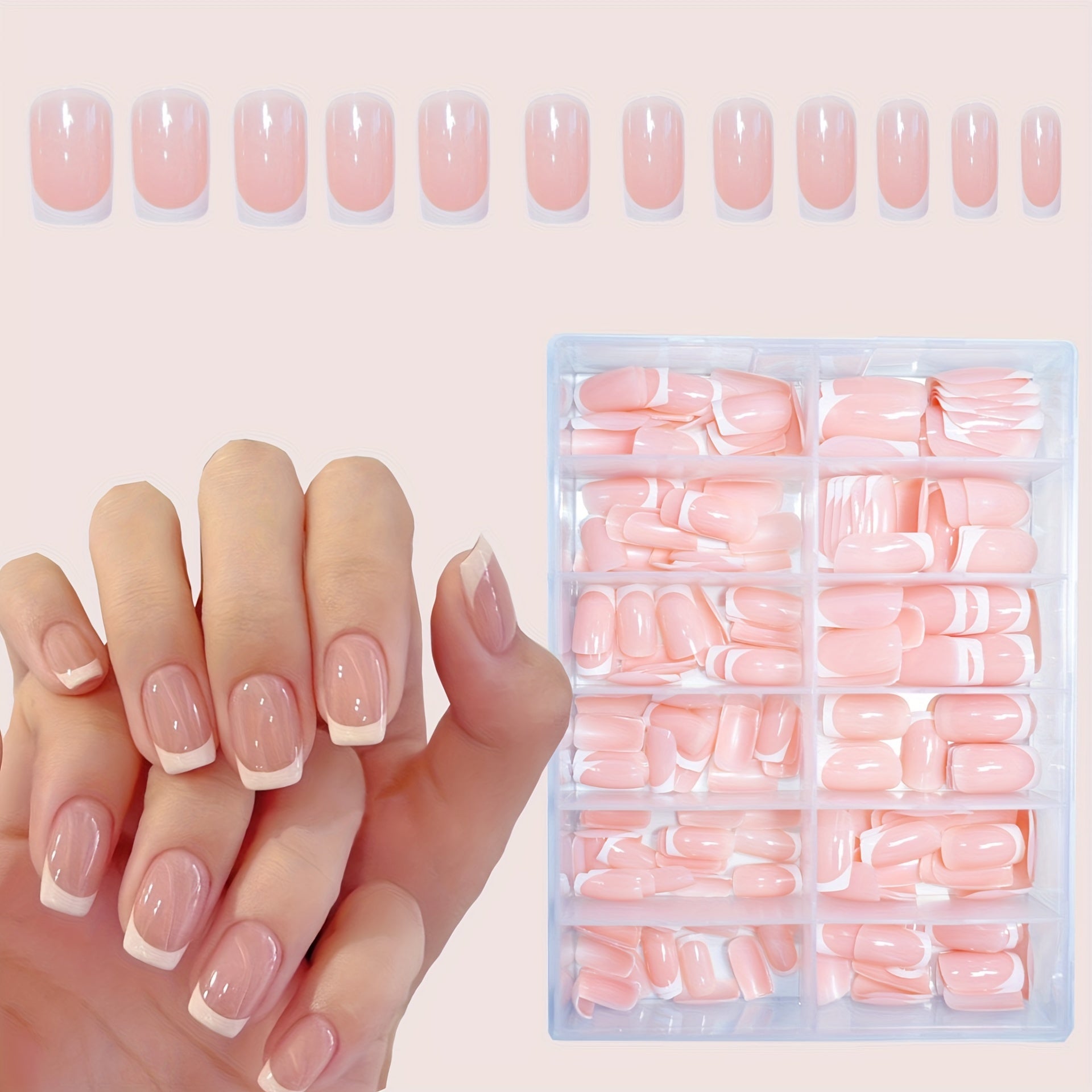 TEMU 288pcs White French Tip Press-on Nails - Short Square Fake Nails With Striped Design, Glossy Finish & Soft Pink Accents, Easy Application For