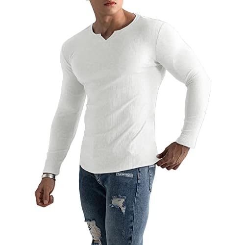 Muscle Cmdr Men's Henley Long&Short Sleeve T-Shirt Slim Fit V Neck Shirts Stretch Tee Casual Underwear Athletic Medium Weight Small 0-white-long