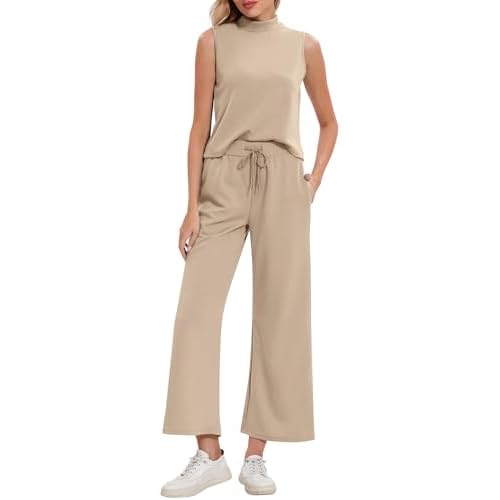 ROYLAMP Women Two Piece Outfits Ribbed Knit Tops Matching Sets Elastic High Waist Wide Leg Pants Tracksuit With Pockets Medium Light Khaki