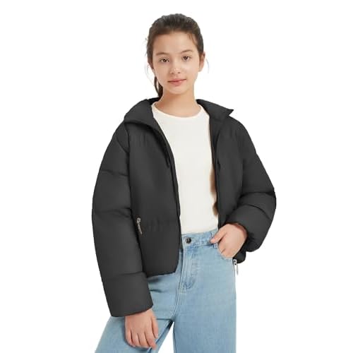 EXARUS Girls Puffer Jacket Warm Water Repellent Oversized-Cropped Stand Collar Pockets Zip up Quilted Short Bubble Coat Regular 10 Years Black-regular