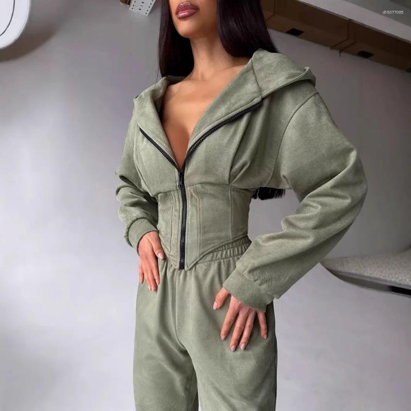 Women&#039;s Two Piece Pants Zekye Autumn Solid Color Waist-Cinched Hooded Sweatshirt Long 2-Piece Sporty Casual Set Tracksuit Elegant