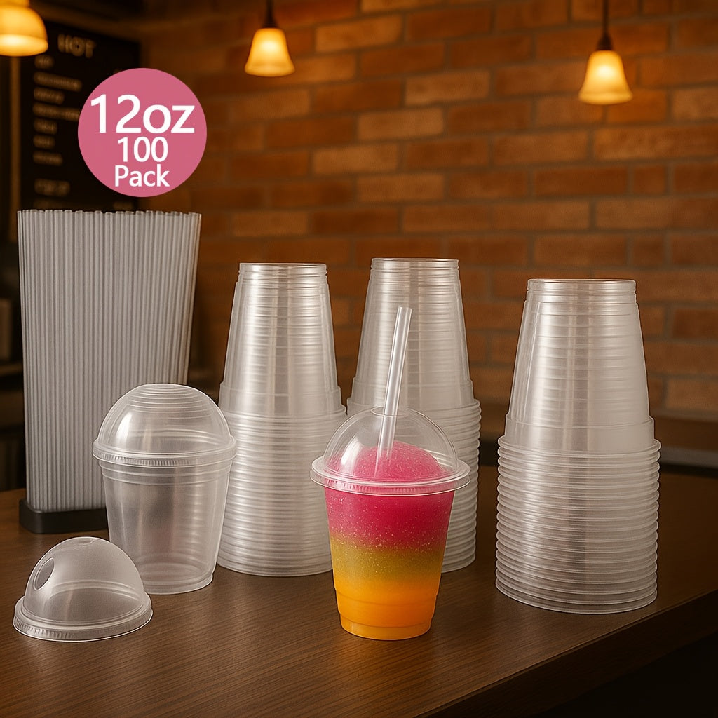 TEMU 100-pack Heavy-duty Disposable Cups With Dome Lids & Straws - Leakproof Clear Plastic Cups For , Smoothies, Iced Coffee, - Bpa-free Party, Cafe,