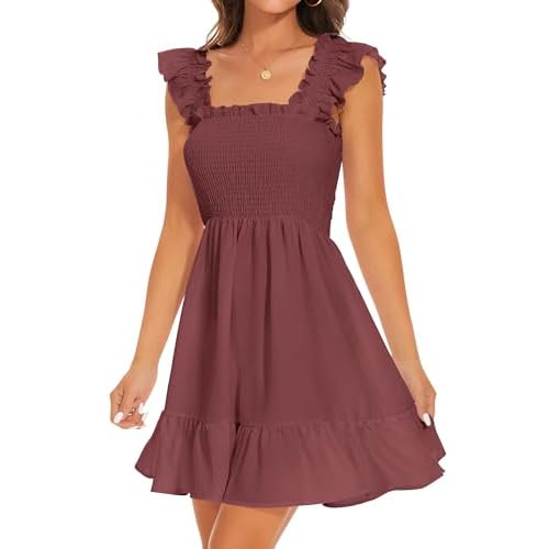ROYLAMP Women's Smocked Dresses Square Neck Elegant Tiered Boho Ruffle Shoulder Swing Flowy Summer Casual Mini Dress Small Chocolate