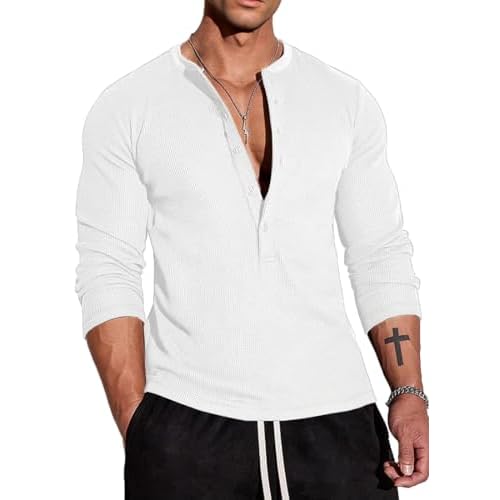 Muscle Cmdr Men's Waffle Henley Shirts Long Sleeve T-Shirt Stylish Casual 5 Button Placket Slim Fit Tee Thermal Underwear Medium White-Long
