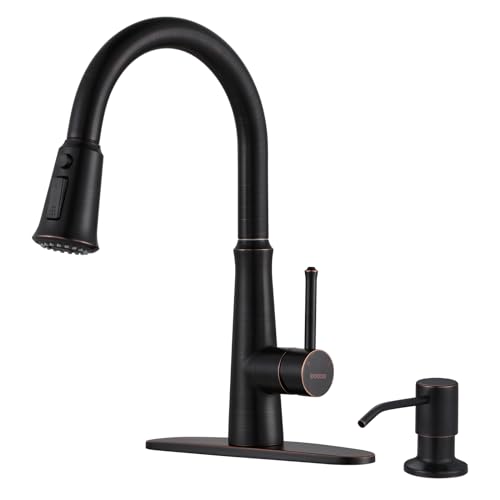 WOWOW Kitchen Faucet, Oiled Rubbed Bronze, 1 Handle High Arc, 360° Swivel, Pull Out Sprayer, Stainless Steel, 50cm Hose, 2 or 4 Hole Installation, St
