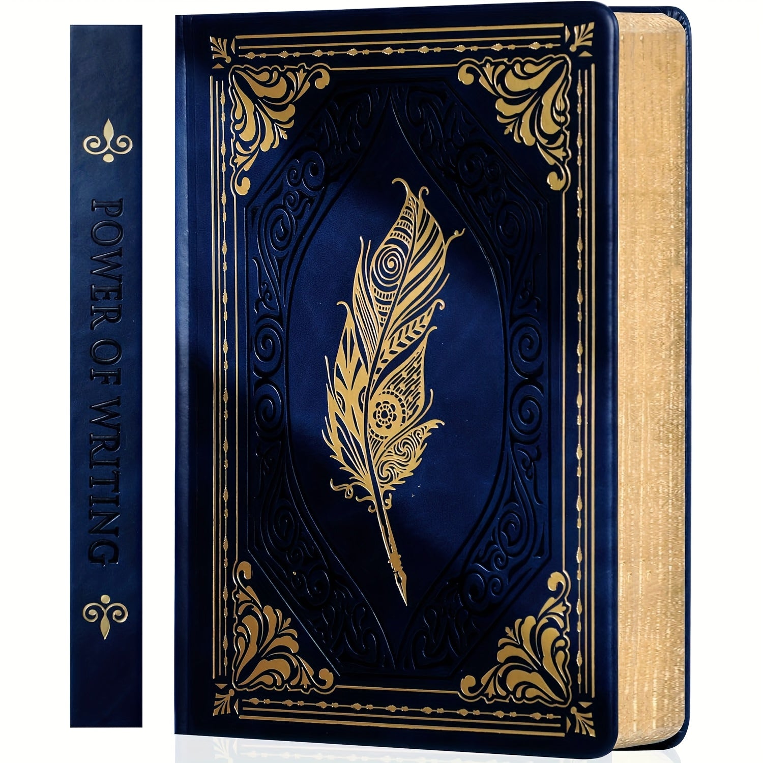 TEMU Vintage Leather Journal - Golden Embossed Hardcover, 100 Gsm Thick Paper, 320 Pages A5 Notebook (5.7"x8.3") - Navy Blue & Golden Accents, Gift