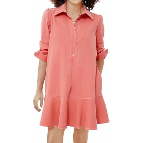 Women's Long Sleeve Denim Shirt Dress Flowy Babydoll Mini Button Down Loose Fit Casual Party Spring Summer Tunic