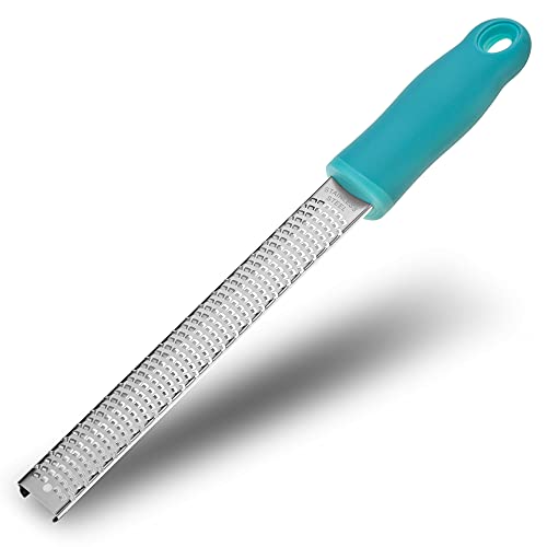 Lemon Zester, Stainless Steel Kitchen Cheese Grater, Plastic Cover Ergonomic Soft Blue Handle B-Blue