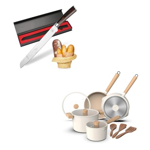 imarku 10-Inch Bread Knife German High Carbon Stainless Steel and 10 Pcs Granite Cookware Set, PFOA Free, Oven Safe