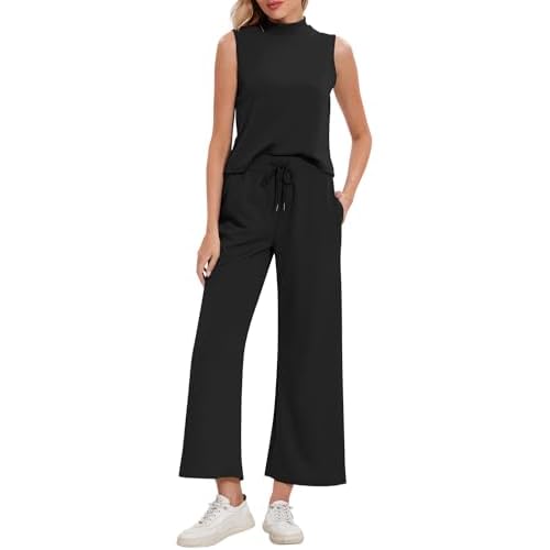 ROYLAMP Women Two Piece Outfits Ribbed Knit Tops Matching Sets Elastic High Waist Wide Leg Pants Tracksuit With Pockets X-Large Black