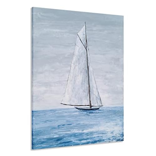 Yihui Arts Coastal Canvas Wall Art - Blue and White Nautical Boat Painting for Bathroom, Living Room, Bedroom, and Hallway Decor 24"L x 16"W Boat Art