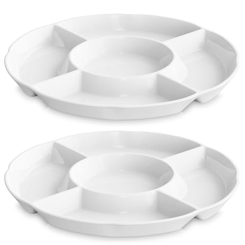 LAUCHUH Veggie Tray Set of 2, Porcelain Chip & Dip Serving Set Divided Serving Platter White Serving Tray for Party, Fruits, Veggies, Candy, Snack, De