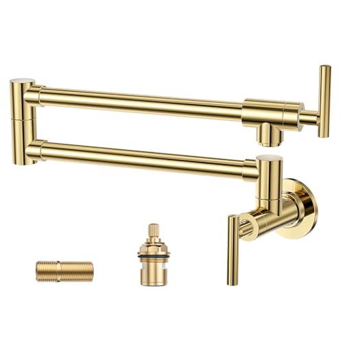 WOWOW Pot Filler Faucet Polished Brass, Kitchen Pot Filler Wall Mount Stove Faucet with Double Joint Swing Arms