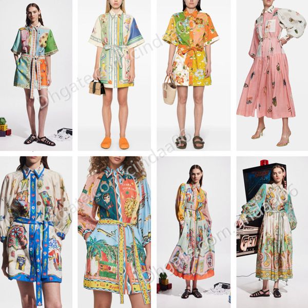 Basic Casual Designer Women Dresses Floral Printed Holiday Mini Skirts Women&#039;s Trendy Clothing Linen Flower Printing Lace Up Short Slee