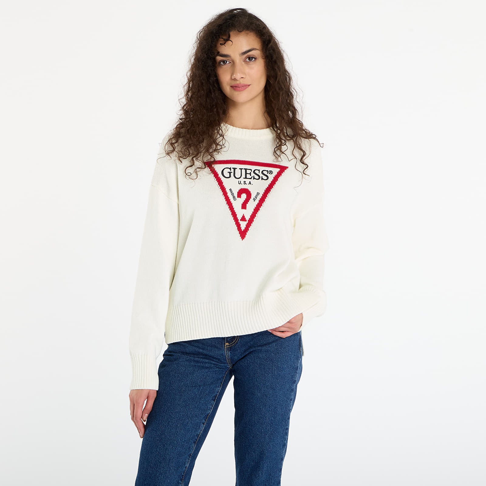 Sweter Guess Jeans Ls Cn Big Triangl Cream M