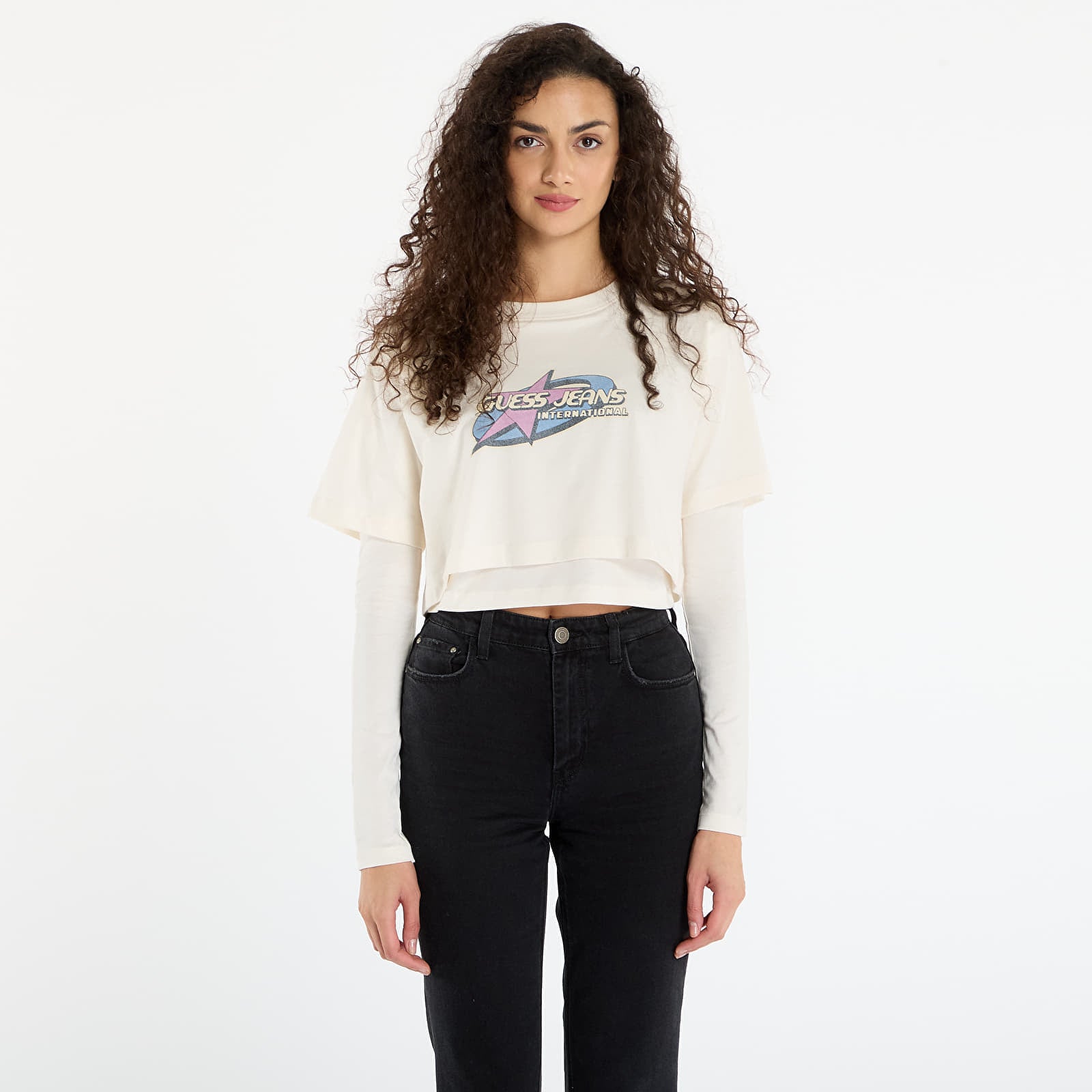 Koszulka Guess Jeans Sl Cn Boxy 2Fer S Cream L