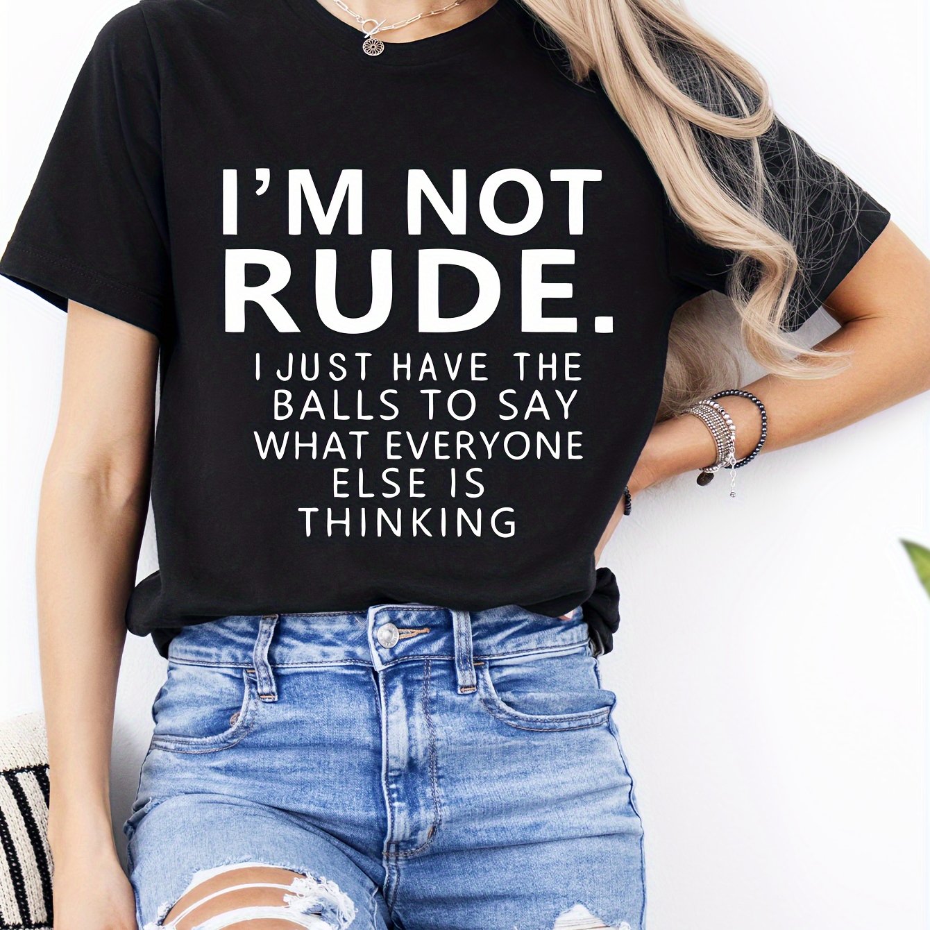 TEMU Adult Women's Short Sleeved I Just Have The Balls To Everyone Is Thinking Letter Print Fashion Round Neck Top