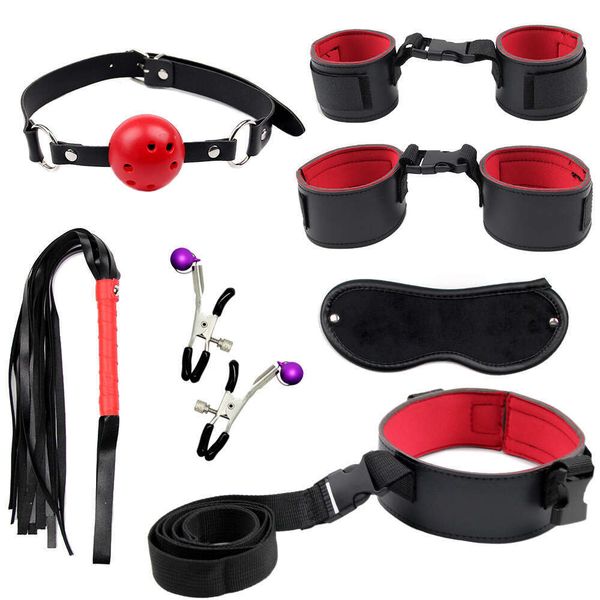 Manufacturer cross-border foreign trade bundled training couple BDSM handcuffs, breast clips, eye masks, leather whips, adult 7-piece set of