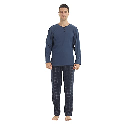 LANBAOSI Pajamas for Men Set Long Sleeve Henley Microfleece Shirt Plaid Flannel Pants Comfy Pjs Sleepwear Plush Loungewear Navy+navy Large