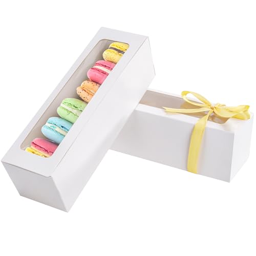 25 Pack Macaron Boxes for 5-7 Macarons Cookie Candy Strawberry Boxes Macaron Container Packaging Boxes with Ribbon for Gift Giving(White)